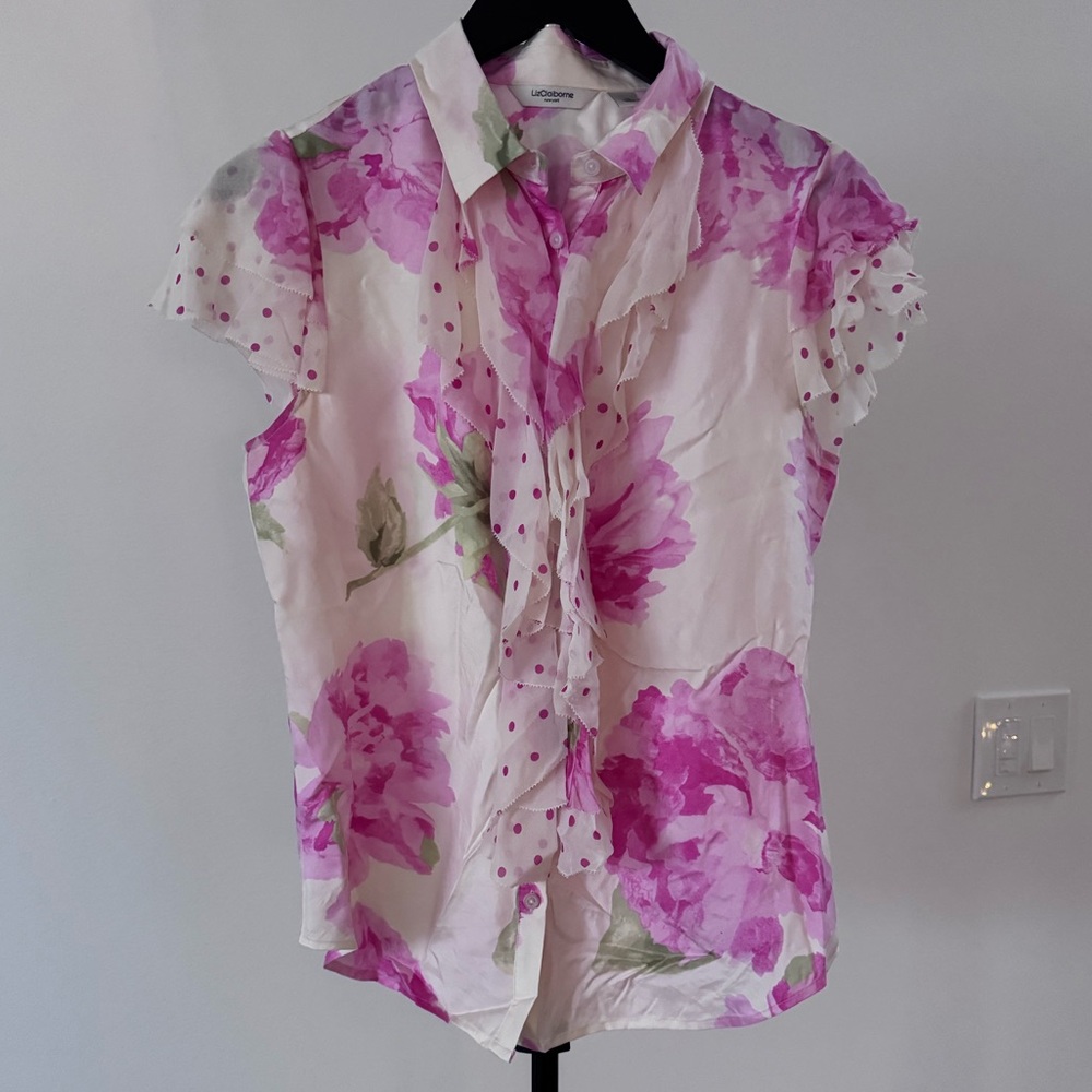 Liz Claiborne Pink Floral Ruffle Button-Up Blouse